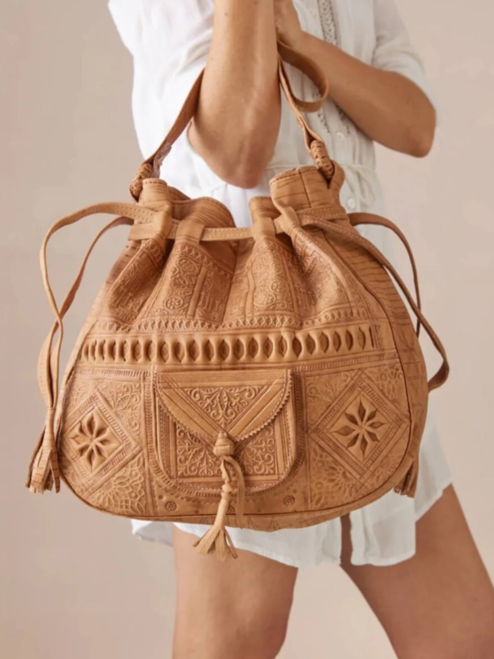 Moroccan Leather Handmade Embossed Boho Hippie Shoulder Bucket Bag